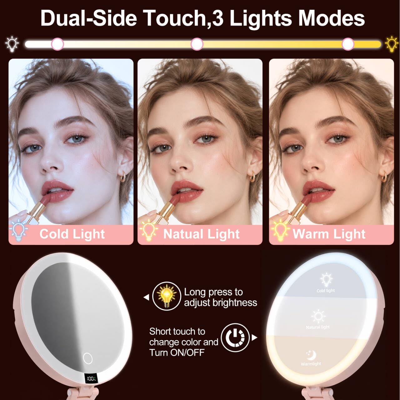 HAISSKY Specchio da viaggio per il trucco, portatile a doppio lato, ingrandimento 20X/1X, con luce a 3 colori e interruttore touch, specchio compatto pieghevole da appendere, regalo per donne
