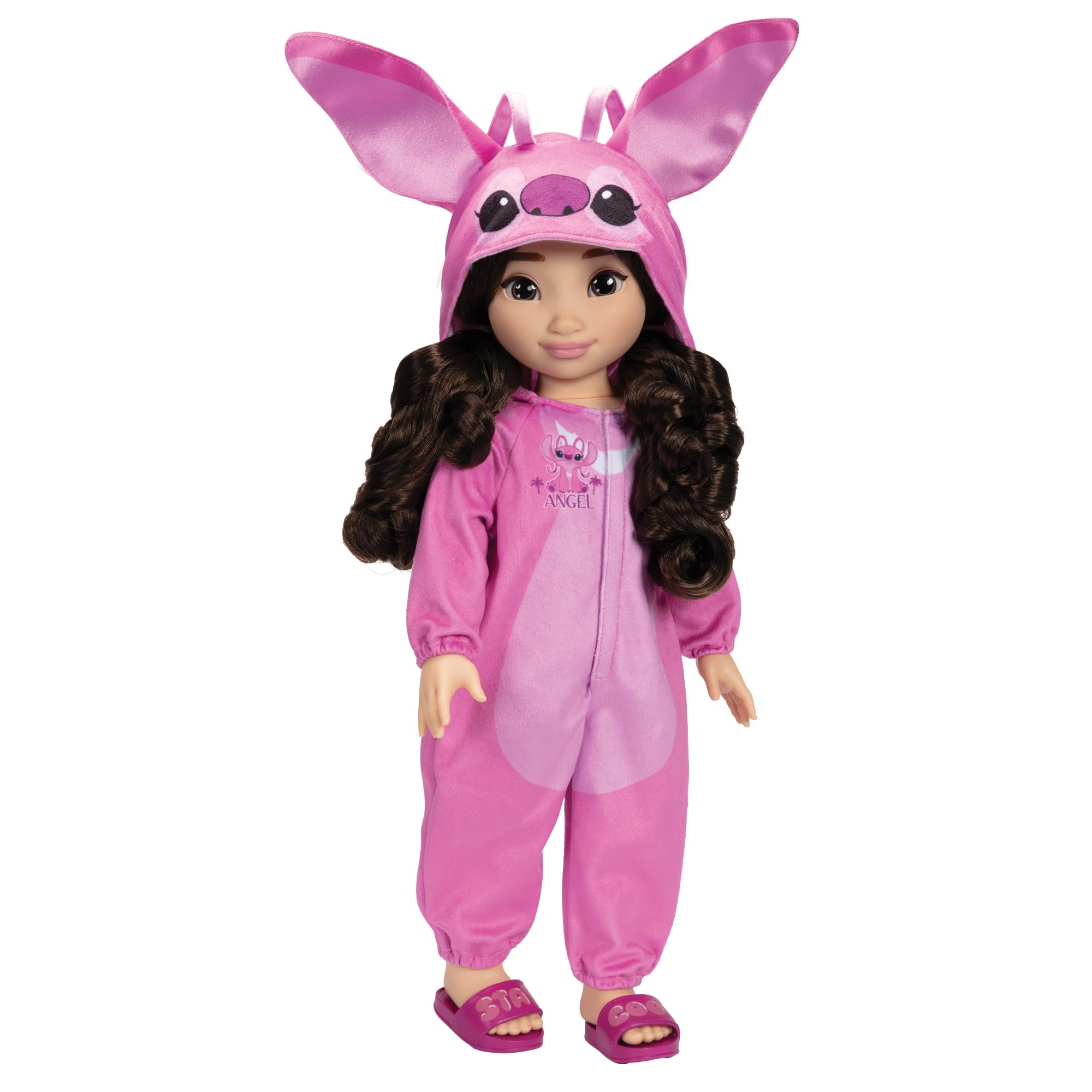 Disney ILY 4ever Angel 45cm / 18" Doll With Brown Hair, Officially Licensed by Jakks Pacific, Includes Adorable Lilo & Stitch Inspired Pink Onesie with Ears, Slides & Toothbrush, Gift for Girls 6+