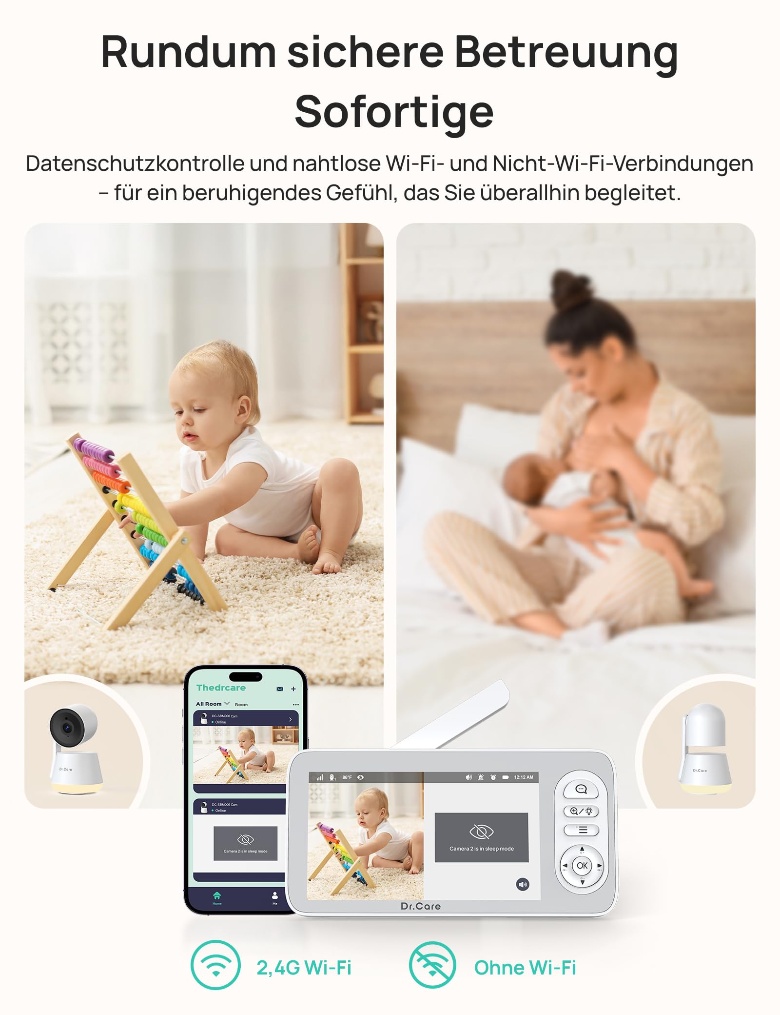 Dr.Care LumiView Plus Monitor Bebé WiFi con 2 Cámaras – Pantalla 5.5", Cámara 2K, Modo Privacidad, Batería 5000mAh, Luz RGB, Alertas Llanto y Movimiento, Visión Nocturna HD