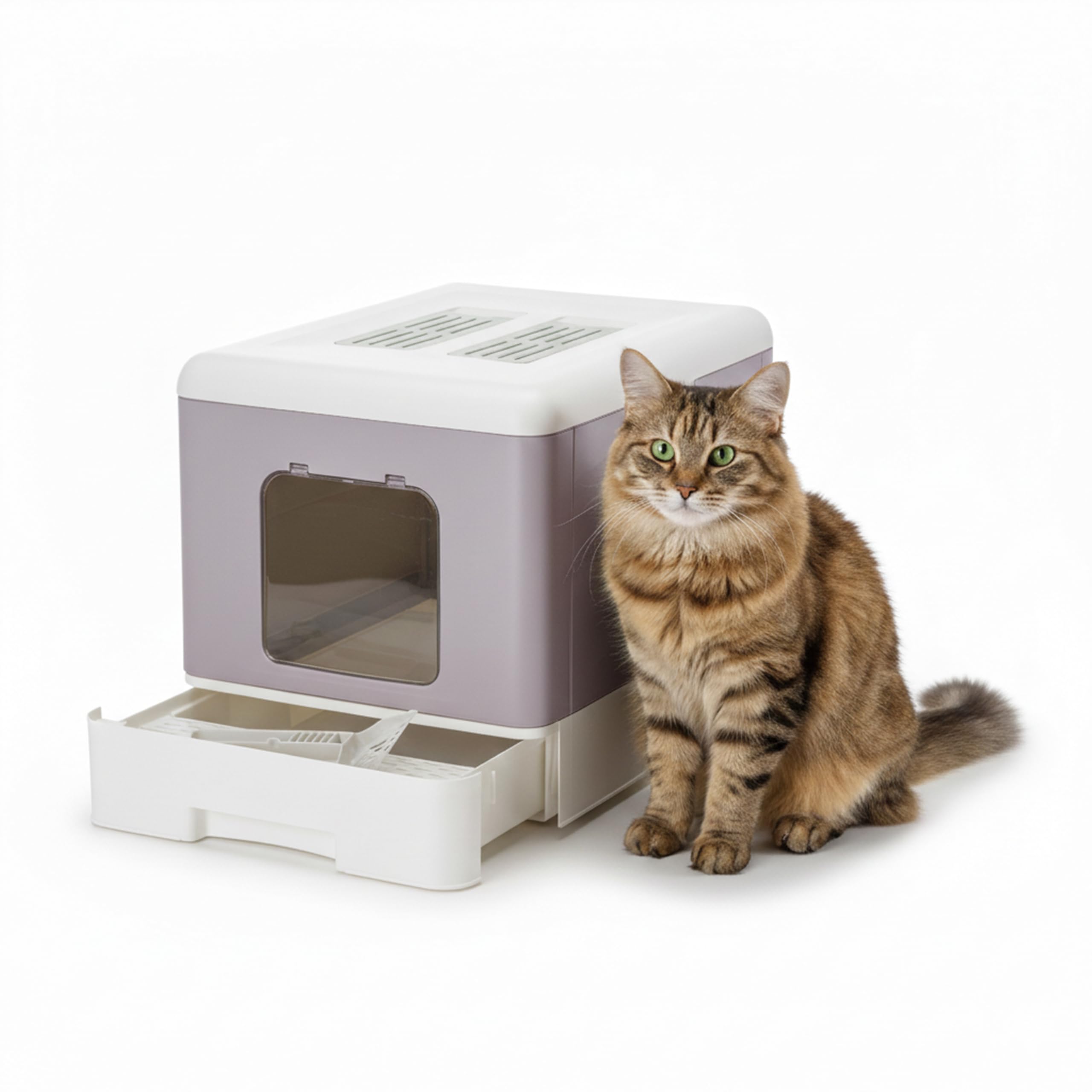 Ferplast Closed Cat Litter Box with Removable Drawer, Double Activated Carbon Filter, Scoop and Brush, Paw Cleaning Grid L 39 x W 52 x H 40 cm Pink