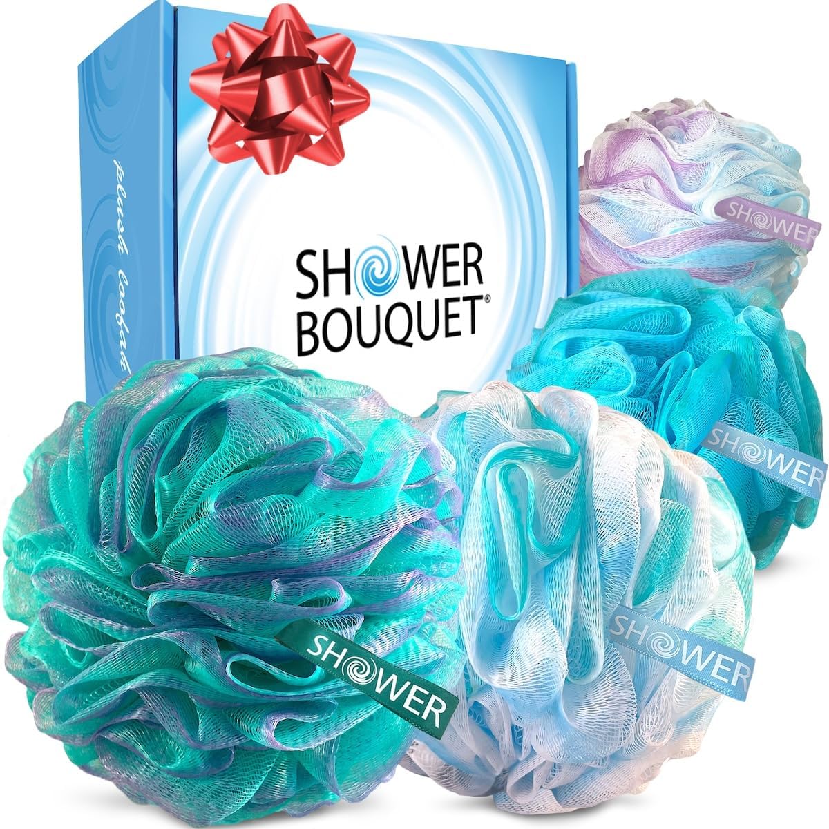 Shower Bouquet Loofah Bath-Sponge Swirl-Set-XL-75g by : Extra-Large Mesh Pouf (4 Pack Color Swirls) Luffa Loofa Loufa Puff Scrubber - Big Full Lather Cleanse, Exfoliate with Beauty Bathing Accessories