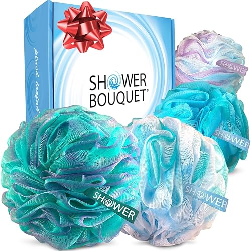 SHOWER BOUQUET Loofah-Bath-Sponge XL Swirl-Mix-Color 4-Pack // Extra-Large 75g Mesh Luffa Loofa Loufa Puff Pouf Set/Exfoliating Body Scrubber for Women and Men - Exfoliate & Soothe Face & Body