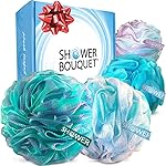 SHOWER BOUQUET Loofah-Bath-Sponge XL Swirl-Mix-Color 4-Pack // Extra-Large 75g Mesh Luffa Loofa Loufa Puff Pouf Set/Exfoliating Body Scrubber for Women and Men - Exfoliate & Soothe Face & Body