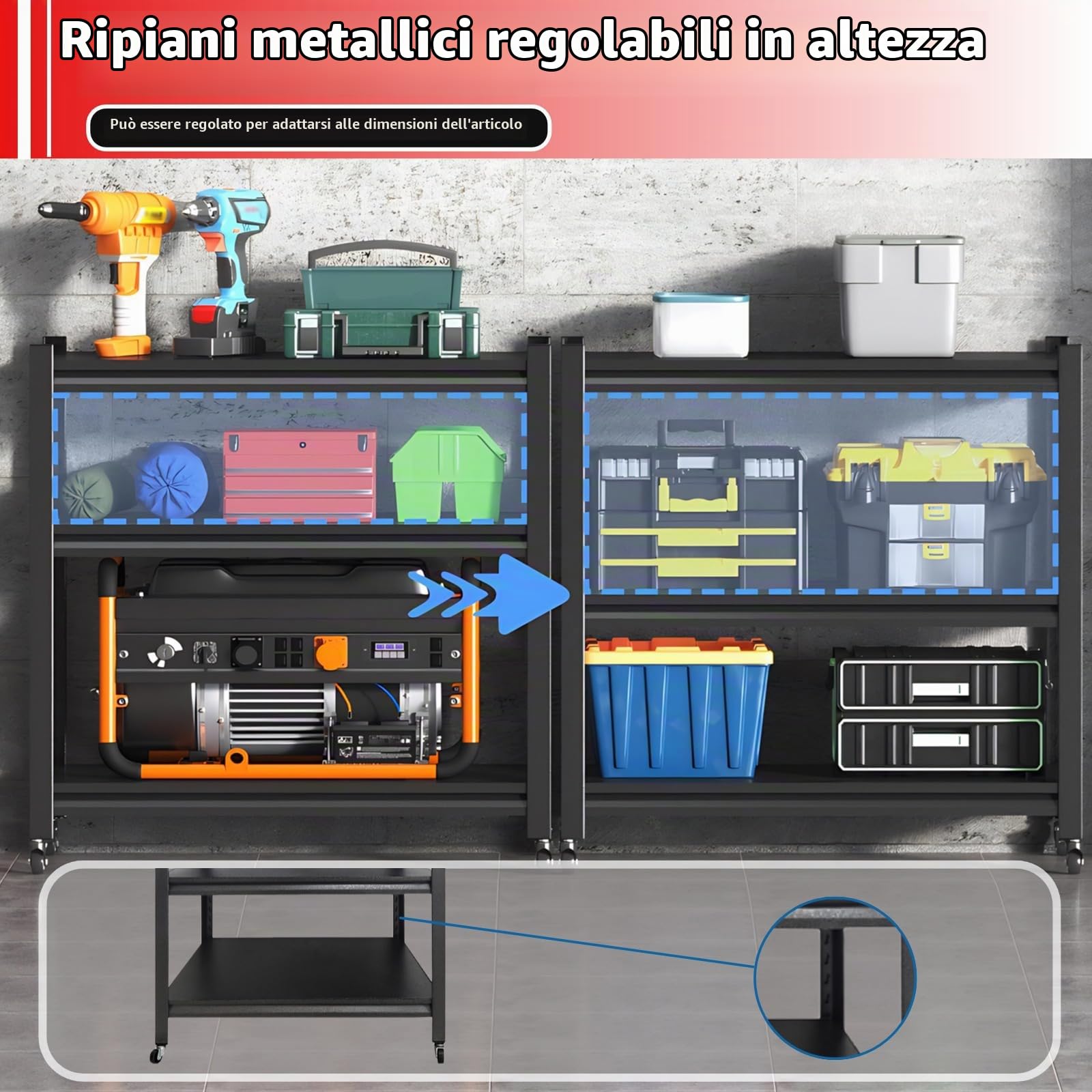 105kg Scaffale Metallo Garage,Scaffali in Acciaio a 3 Livelli Nero con Ruote, Scaffali Regolabili, Scaffale Salvaspazio Per Il Seminterrato Industriale da Cucina,80x40x80cm