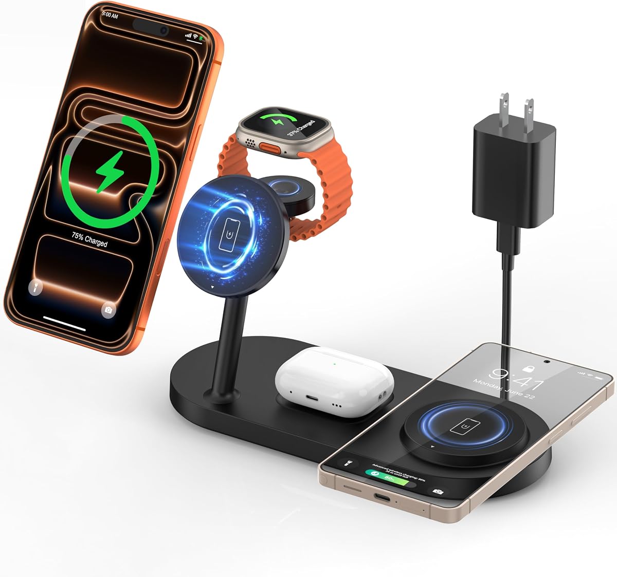 Dual Magnetic Phone Wireless Charger, 30W 4 in 1 Charging Station for Apple Devices, Charging Stand for iPhone 17/16/15/14/13/12 Series, Support for Apple Watch11/10 for AirPods4