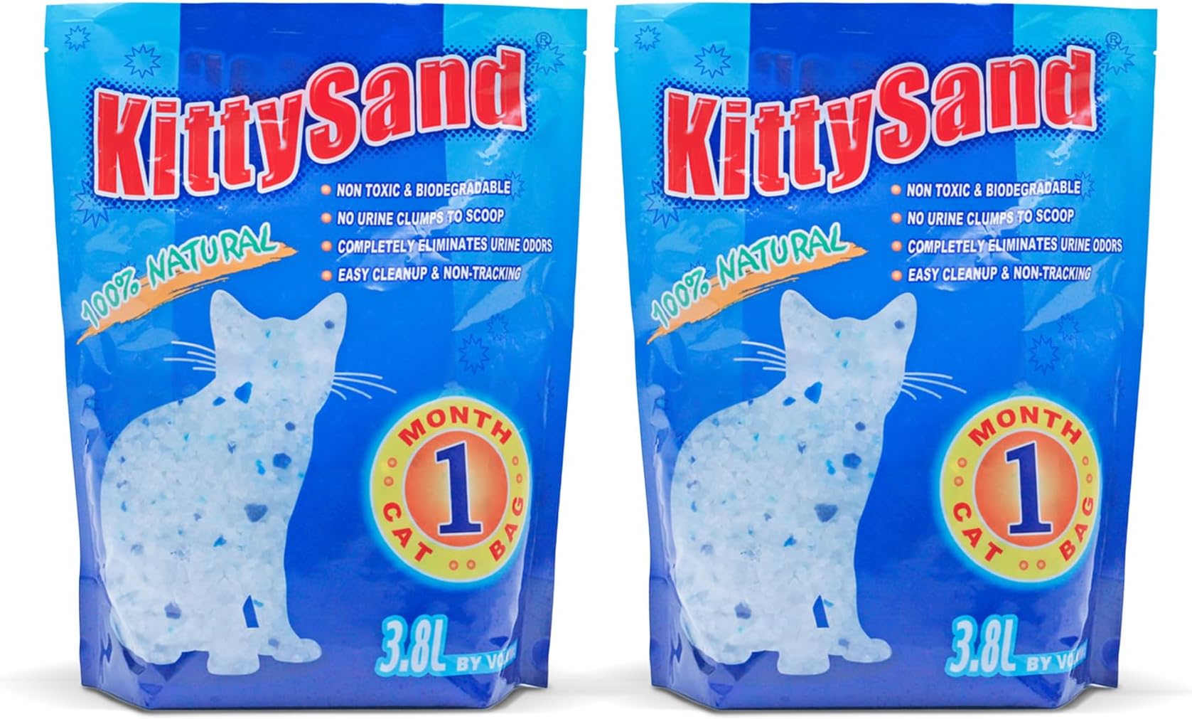 KittySand 100% Natural Silica Crystal Premium Quality, Odor Control, Low Dust Cat Litter 3.8L Plain - Pack of 2