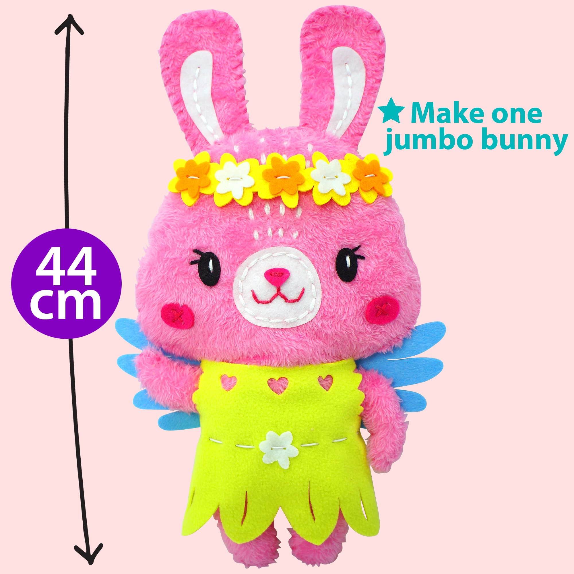 KRAFUN Big Jumbo Bunny Animal Zestaw do szycia dla dzieci Początkujący Moja pierwsza sztuka i rękodzieło, zrób 1 wypchaną lalkę z 2 kostiumami, instrukcjami i pluszowymi materiałami filcowymi