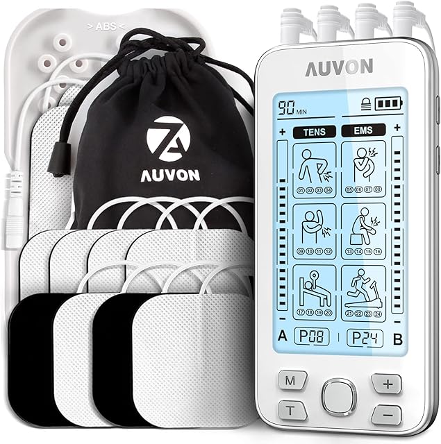 AUVON 4 Outputs TENS Machine for Pain Relief, TENS EMS Muscle Stimulator with 24 Modes, 2" and 2"x4" TENS Electrodes Pads (White)