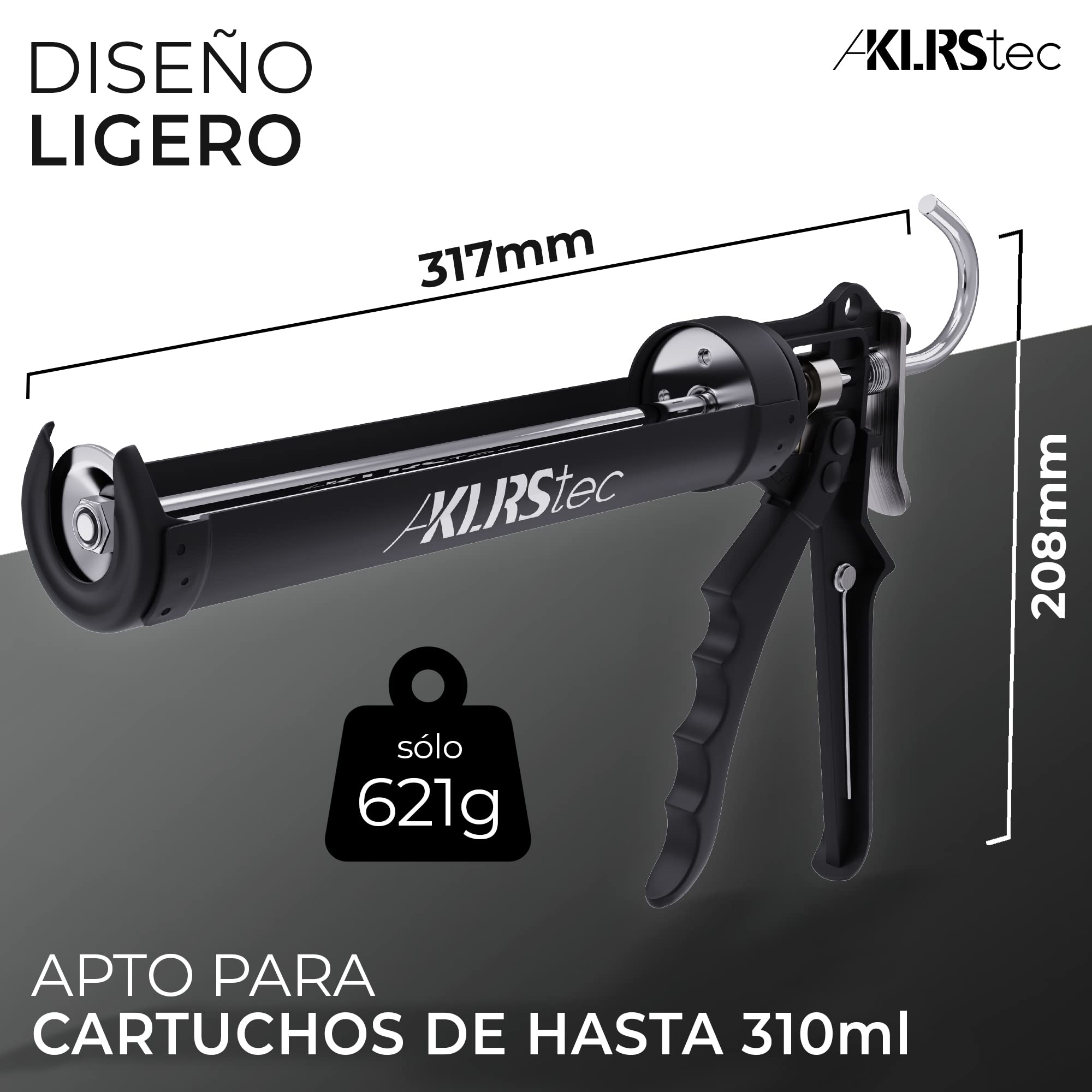 KLRStec® PREMIUM Pistola Silicona | Pistola de cartuchos de hasta 310 ml, perfecta para rejuntar y sellado de clafateo | Pistola metálico para todo tipo de cartuchos de 310ml