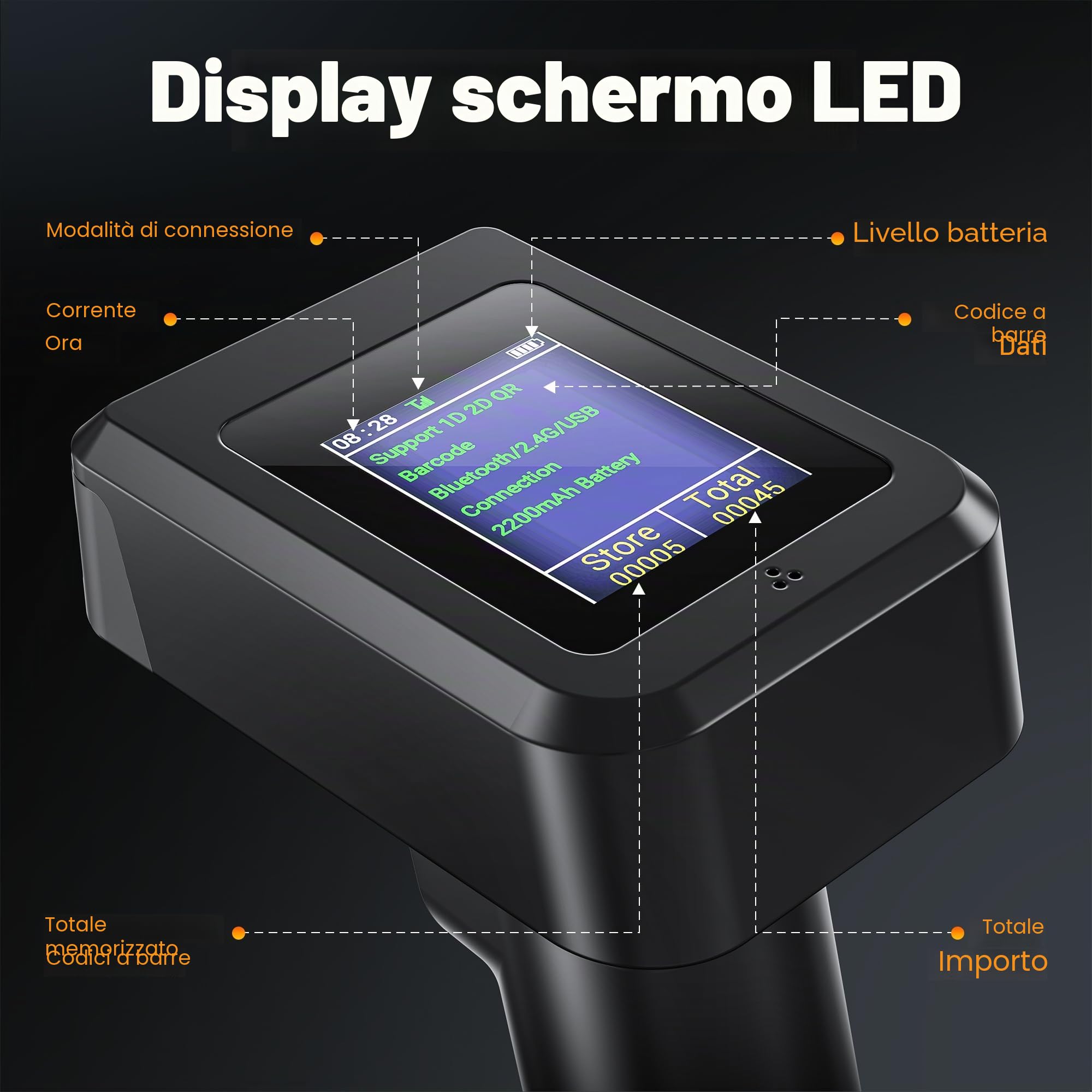 Tera 1D 2D QR Barcode Scanner con Stazione di Ricarica e Display Bluetooth e wireless 2.4Ghz Prefisso e suffisso dell'ora schermo, HW0006