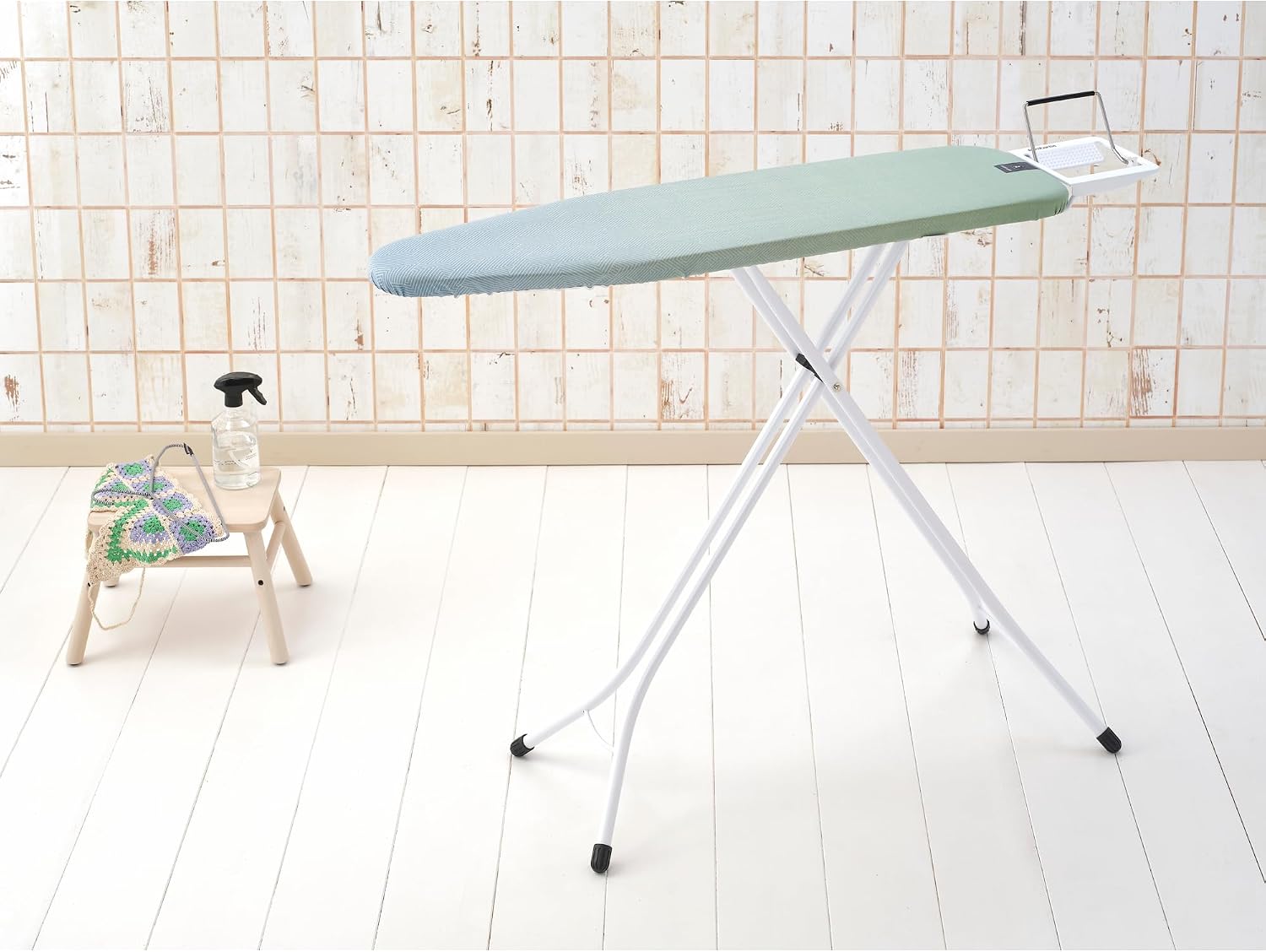 Brabantia Compact Ironing Board with Left/Right Adjustable Steam Iron Rest | Small (Size A) | Fairtrade Soothing Sea Cover | Adjustable Height (27-38"), Easy Fold, Anti-Collapse Lock, Non-Slip Feet