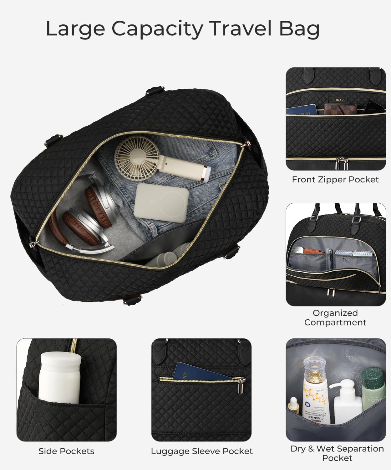 Weekender Bags for Women, Large Travel Duffel Bag Carry on Overnight Bag with Shoe Compartment and Toiletry Bag for Travel Business Gym Hospital, Black - Image 2