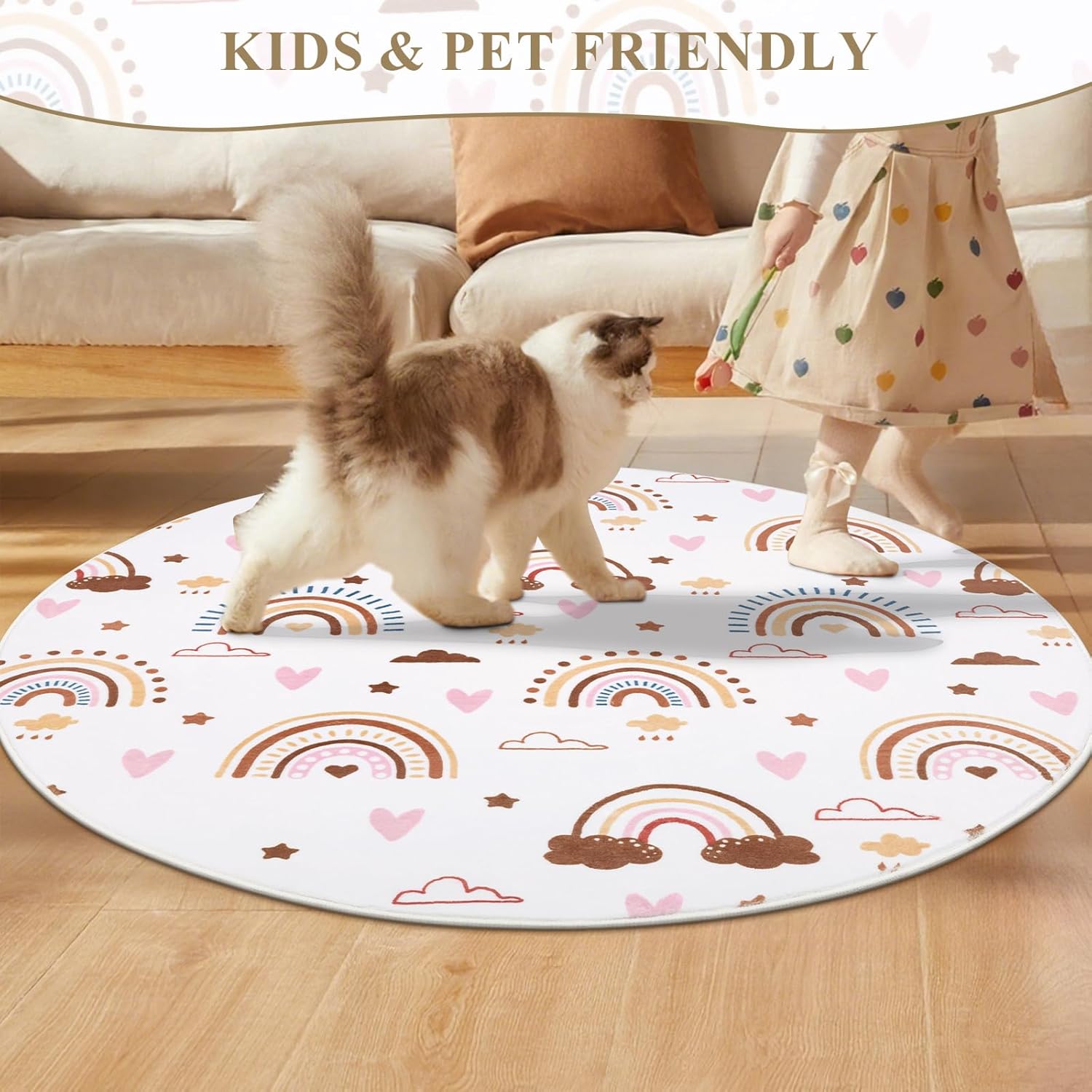 Boho Rainbow Round Rug 4Ft, Beige White Fluffy Soft Decorative Floor Mat, Washable Circle Rug for Living Room,Girls Bedroom, Nursery, Daycare (4'x4', Beige Rainbow)