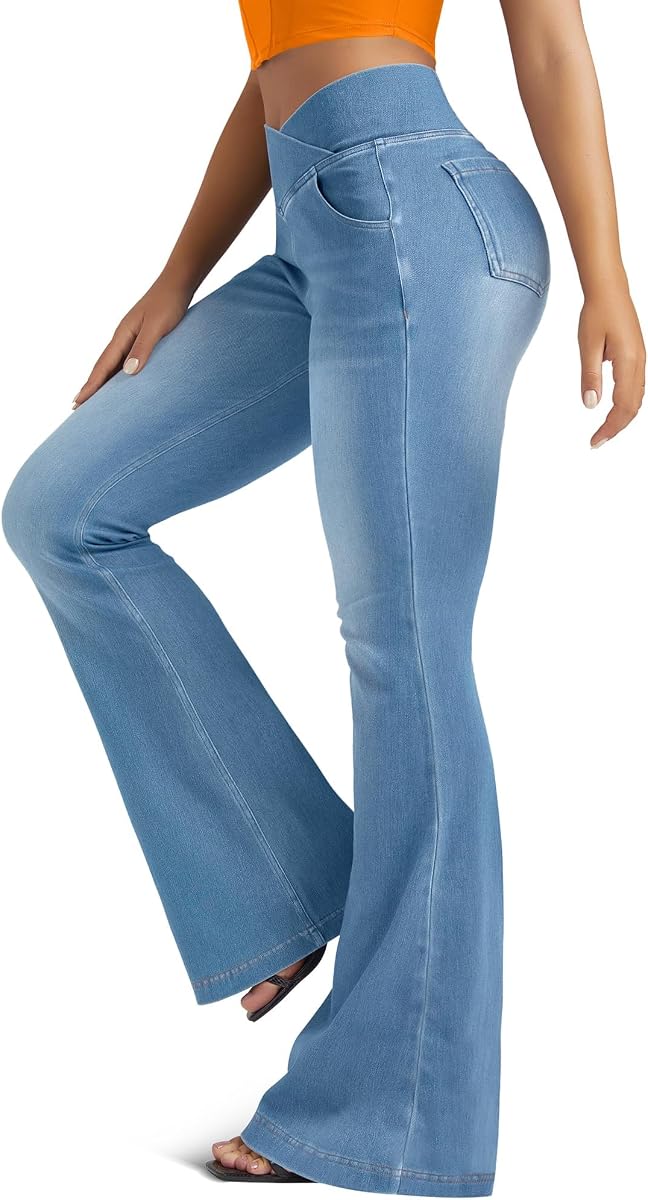 Malla larga FUNUCA Knit Stretchy Jean para mujer con pantalón de yoga cruzado de cintura alta con pantalón largo Flare Leggings with Pockets
