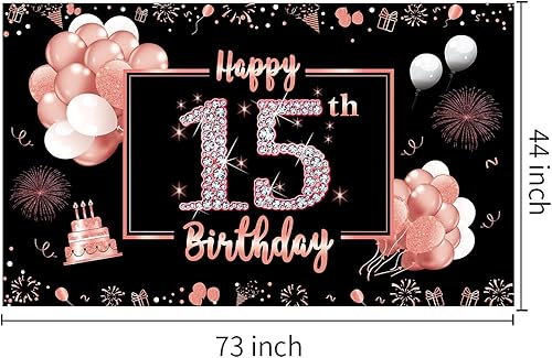 Miniatura 2 de Decoraciones de cumpleaños número 15 para niñas, telón de fondo de pancarta de feliz 15 de oro rosa, suministros de fiesta de dulces 15 años, cartel