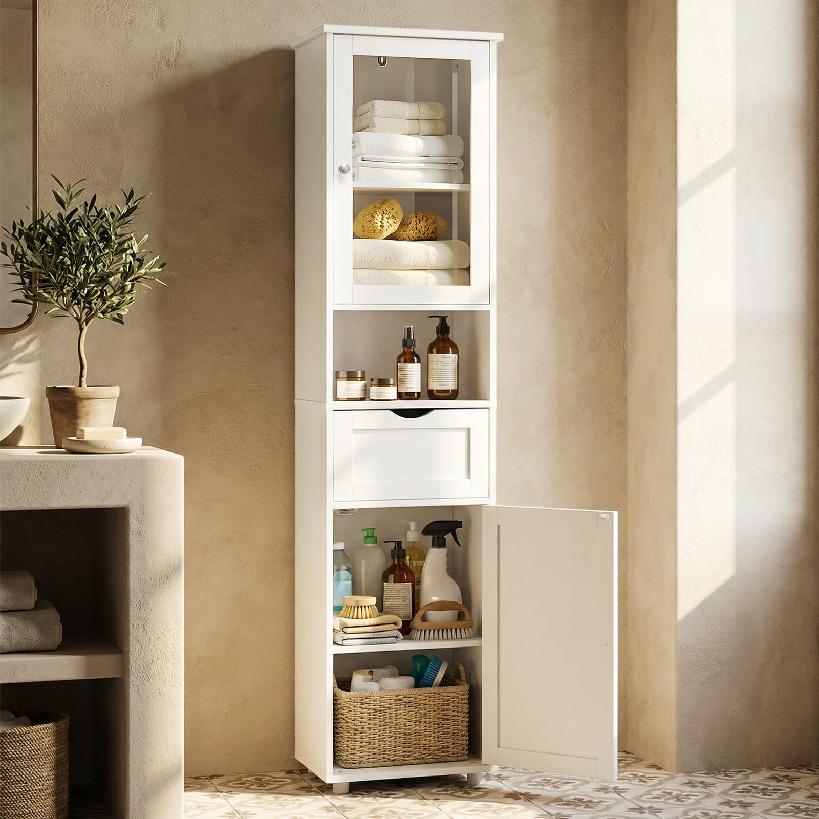 HOKEEPER Mobile alto da bagno bianco – Armadio da bagno sottile con 2 ante e scomparti aperti – Mensola da bagno indipendente & Armadio da cucina – Salvaspazio per bagno e soggiorno | Sottile salvaspazio armadietto alto armadio cucina mensola con anta per