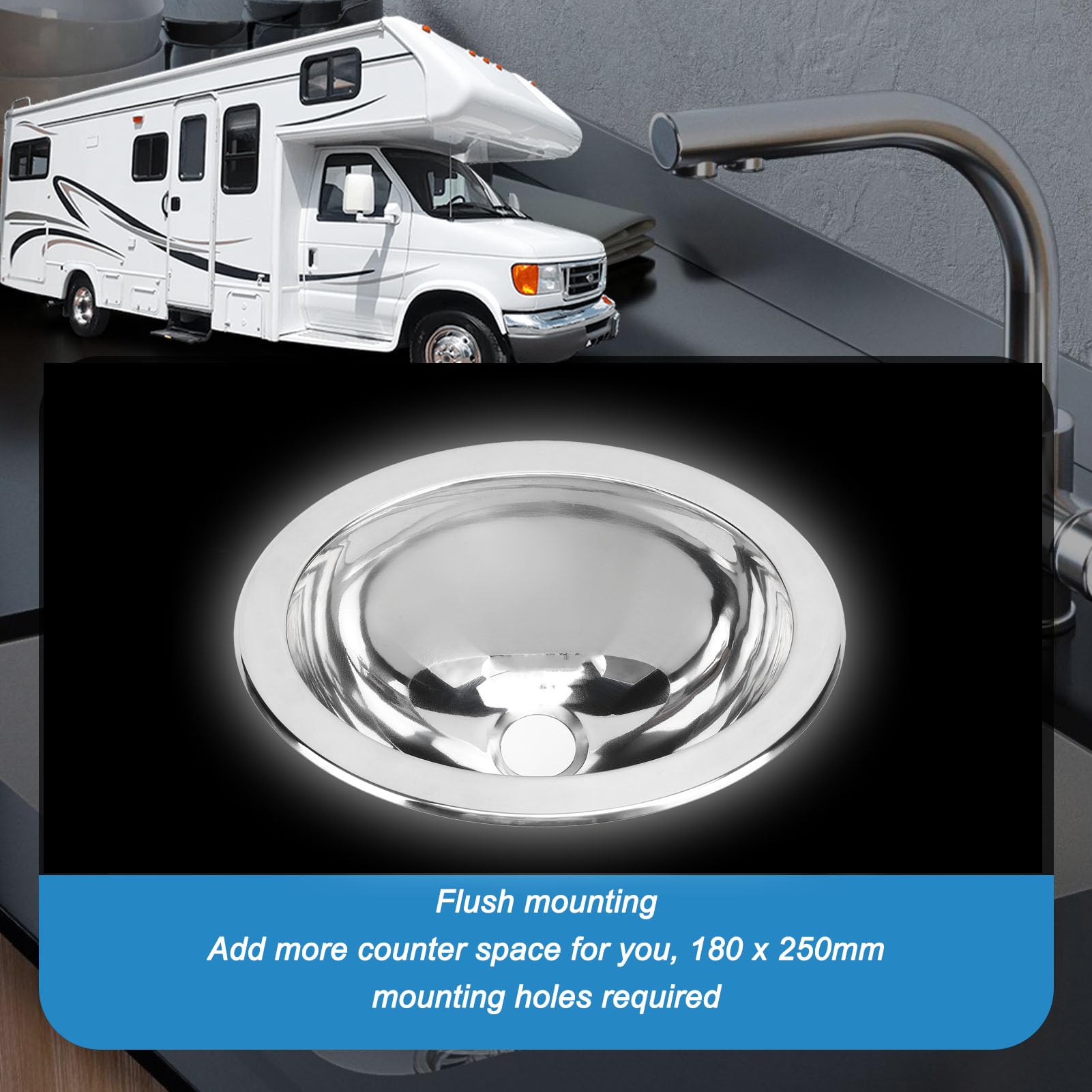 Fregadero de Barra de Acero Inoxidable, Fregadero Redondo de Acero Inoxidable 304 Pulido con Espejo, Fregadero de Cocina de un Solo Seno, Ideal para Autocaravanas, Furgonetas,
