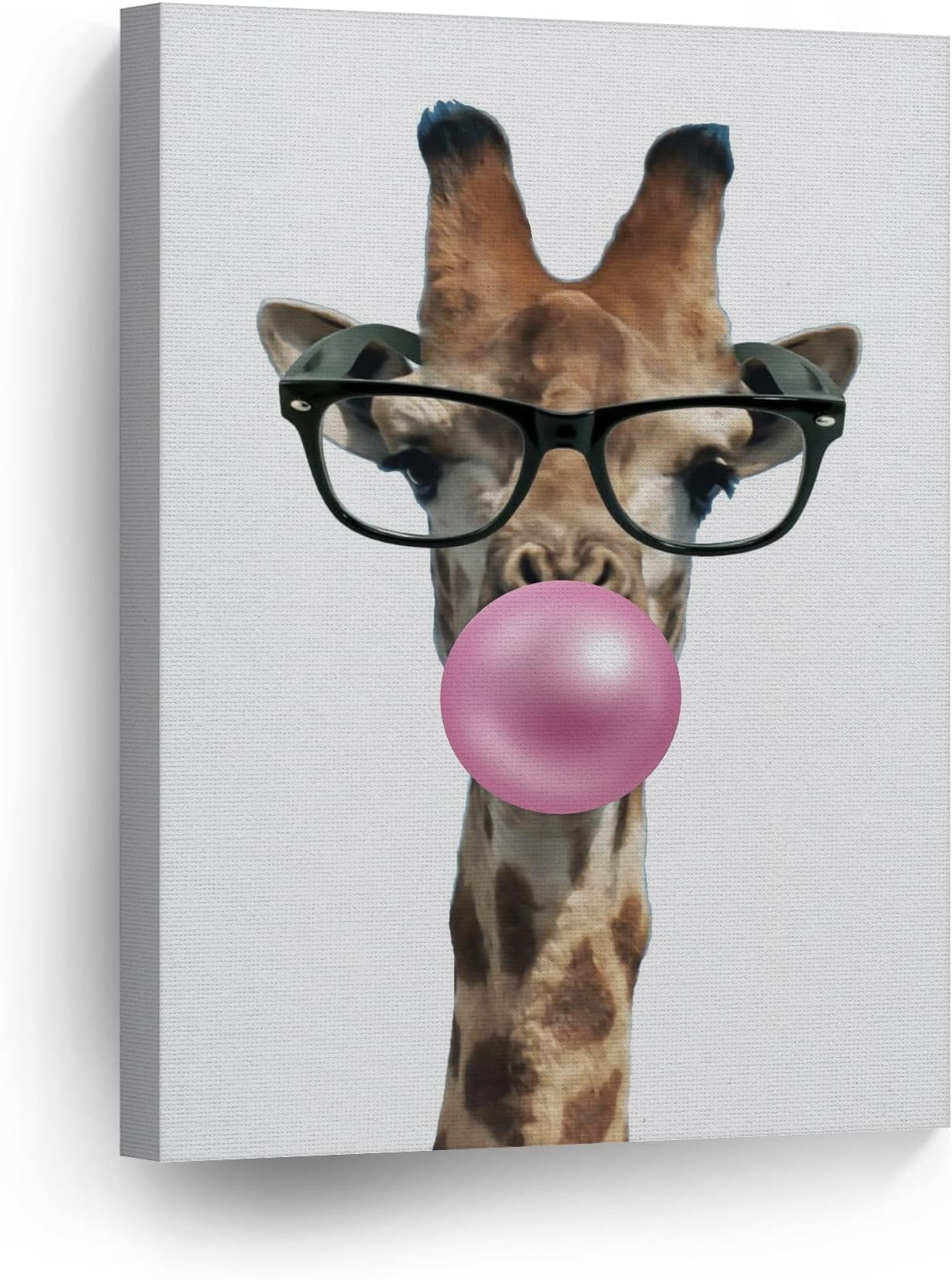 Smile Art Design Cute Giraffe with Glasses Animal Bubble Gum Art Pink CANVAS PRINT Wall Art Home Decoration Pop Art Living Room Kids Room Decor Nursery Ready to Hang Made in the USA 22x15