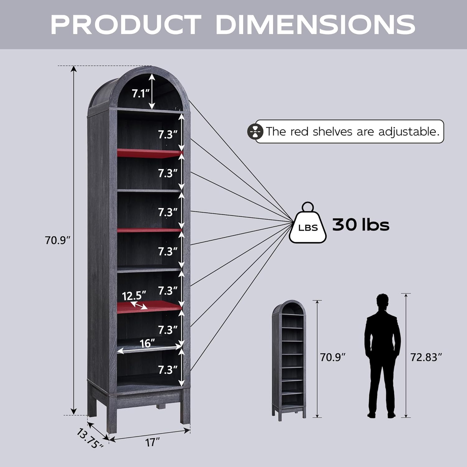 71" Tall Arched Bookshelf, 8 Tiers Arch Bookcase with Storage, Modern Farmhouse Book Shelf with Adjustable Shelves, Wood Bookshelf w/Open Display Shelves for Living Room, Office (Dark Grey) - Image 2
