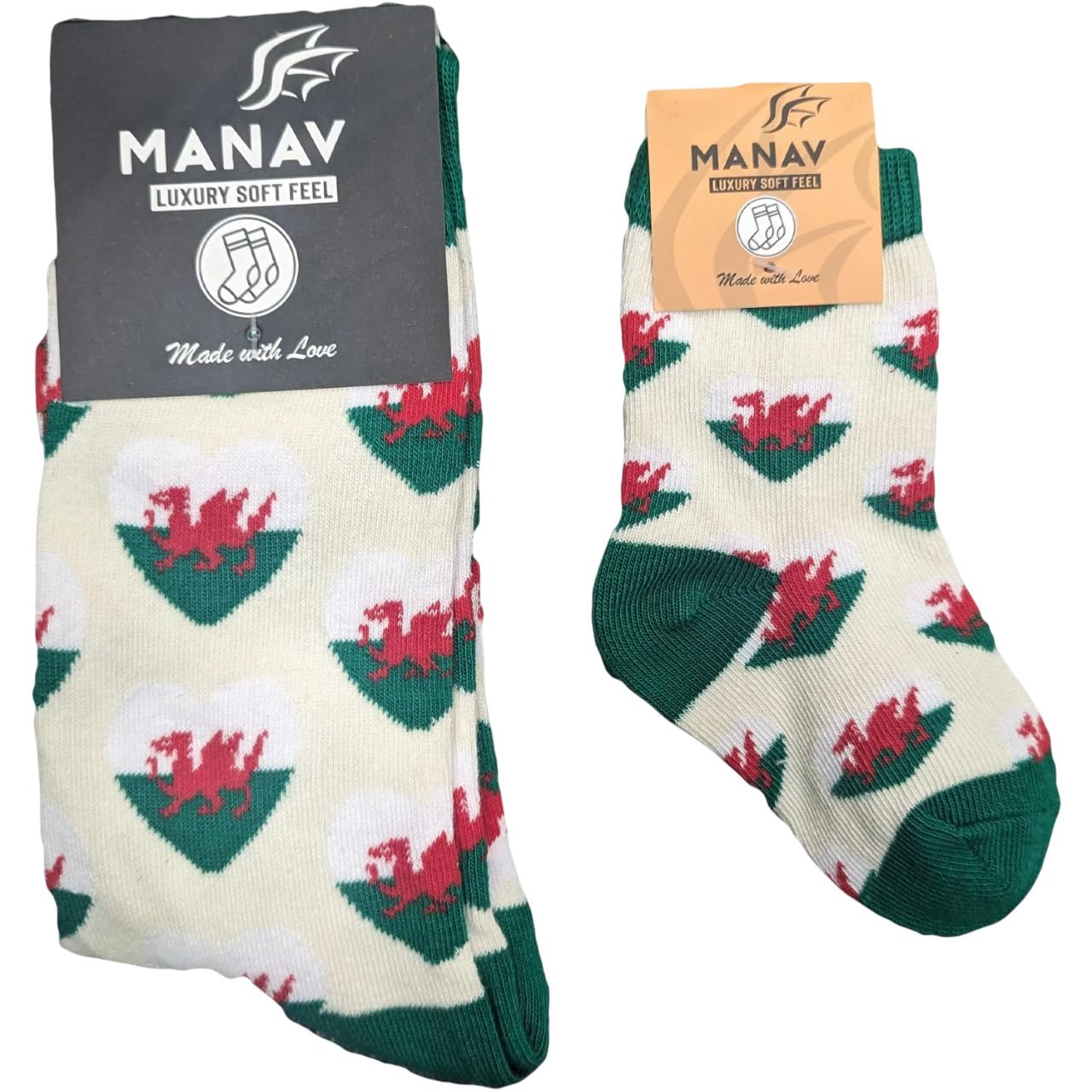 Manav Unisex White Welsh Multi-Heart Socks | Bright, Cheerful & Full Of Welsh Pride | Soft Sock With Colourful Heart Pattern For Gifting, Daily Comfort & Celebrating Welsh Culture