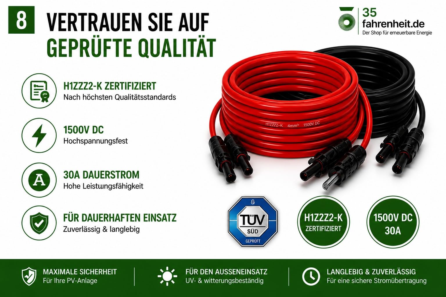 Zestaw kabli solarnych 35 Fahrenheit H1Z2Z2-K 4 mm² | przedłużacz 2 x 8 m wraz z wtyczką solarną | Kabel fotowoltaiczny po obu stronach czerwony/czarny z wtyczką do instalacji solarnej PV | odporny na