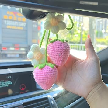 Crochet Pink Strawberry Car Accessories, Car Hanging Ornament, Rear View Mirror Hanging Accessories, Cute Home Office Decor