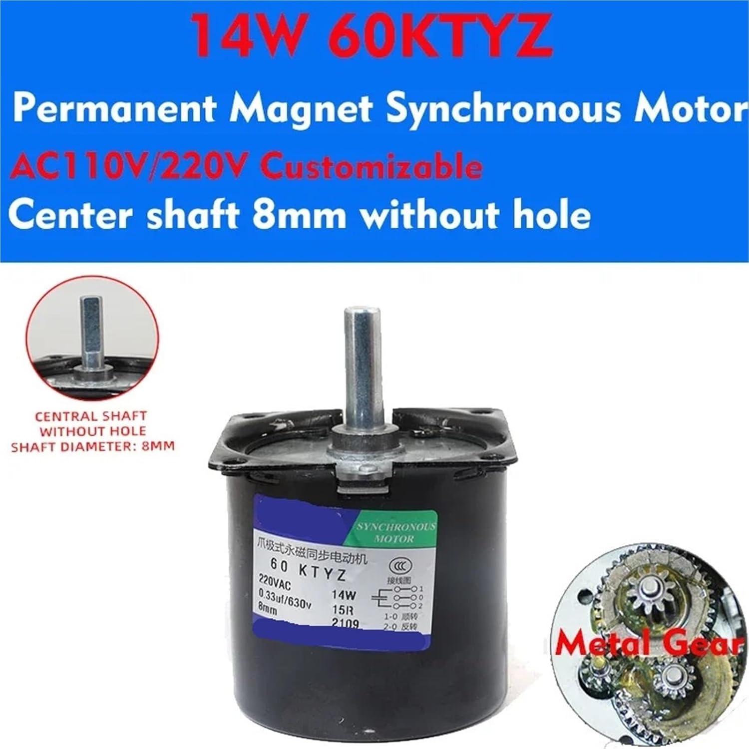 High Torque AC Motor 220V 14W 60KTYZ Permanent Magnetic Synchronism Motor Center Shaft 8mm 2.5/5/10/15rpm with Bracket CW/CCW