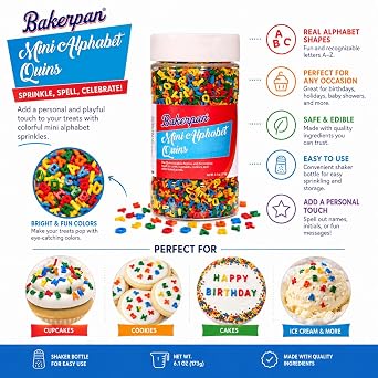 Bakerpan Quins Alphabet Sprinkles for Cake Decorating - 6.1 Ounces - ABC Edible Confetti Sprinkles for Cupcakes, Ice Cream, Cookies, Cakes