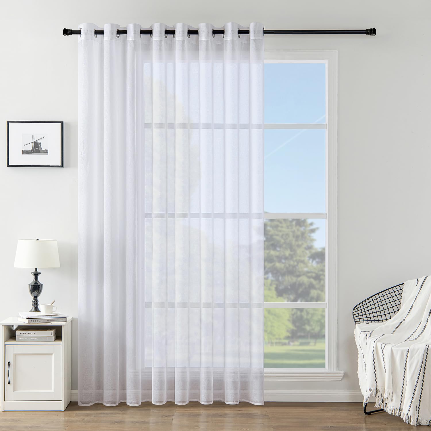 Woaboy Voile Gardinen Vorhänge Transparent Wohnzimmer mit Ösen Stores Gardinen Schlafzimmer Ösenvorhang Scheibengardine Schlaufengardinen Modern 1er Set 300x225cm (B x H) Weiß