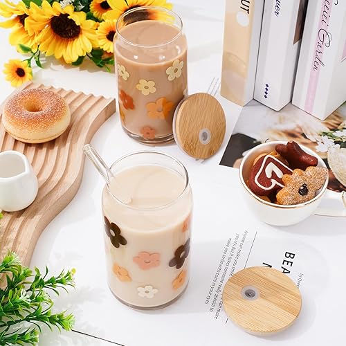 Miniatura 5 de Whaline 4 vasos de bebida con tapas y pajita, 16 onzas, diseño de margaritas bohemias, para café, café, con diseño de flores, hippie, retro, para