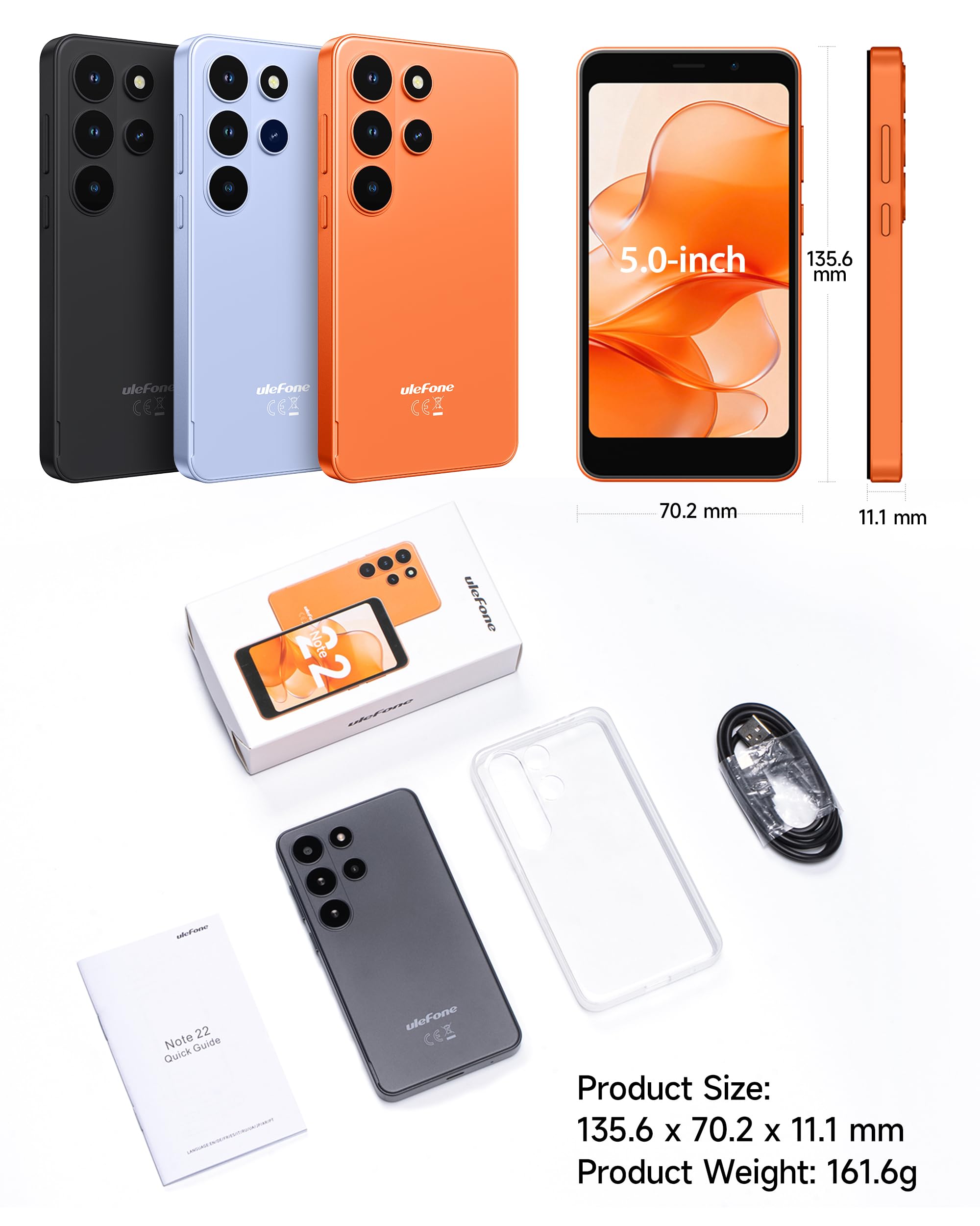 Ulefone Note 22 Moviles Android 16 Go, 20GB+32GB/SD-2TB, Cámara 2MP, 3000mAh Batería reemplazable Teléfono Móvil Mini Smartphone 5.0" HD+ 3 Ranuras para Tarjetas 4G Dual SIM/Face ID/GPS/OTG/FM Negro