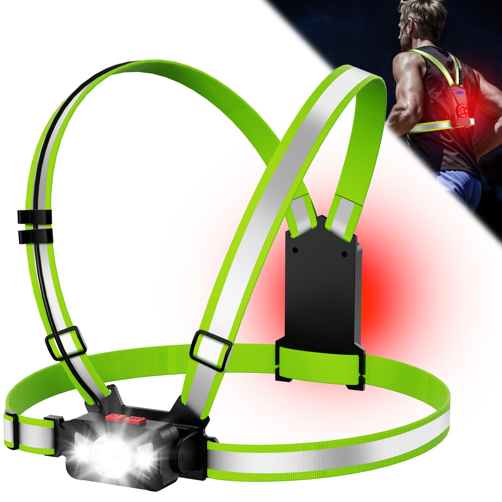Chest Running Light, 500LM Running Lights for Runners with 90° Adjustable LED Lamp & 11 Modes, Hands-Free Chest Torch for Night Running, 360° Reflective Band + Rear Taillight,USB-C for Jogging Hiking