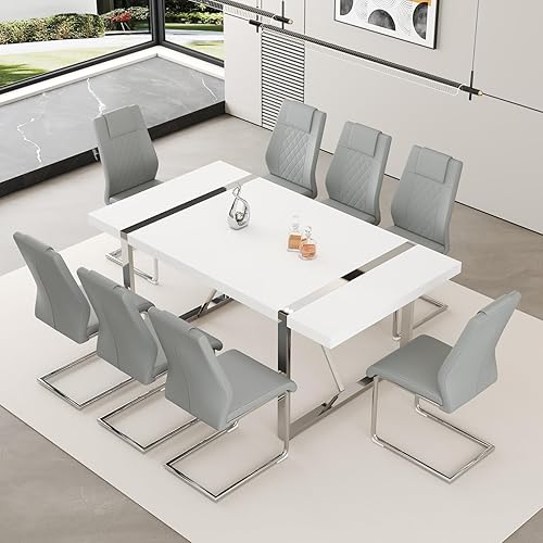 Miniatura 26 de Juego de mesa de comedor moderno de 55 pulgadas para 6, superficie de mesa blanca y estructura de metal plateado, mesa rectangular para comedor