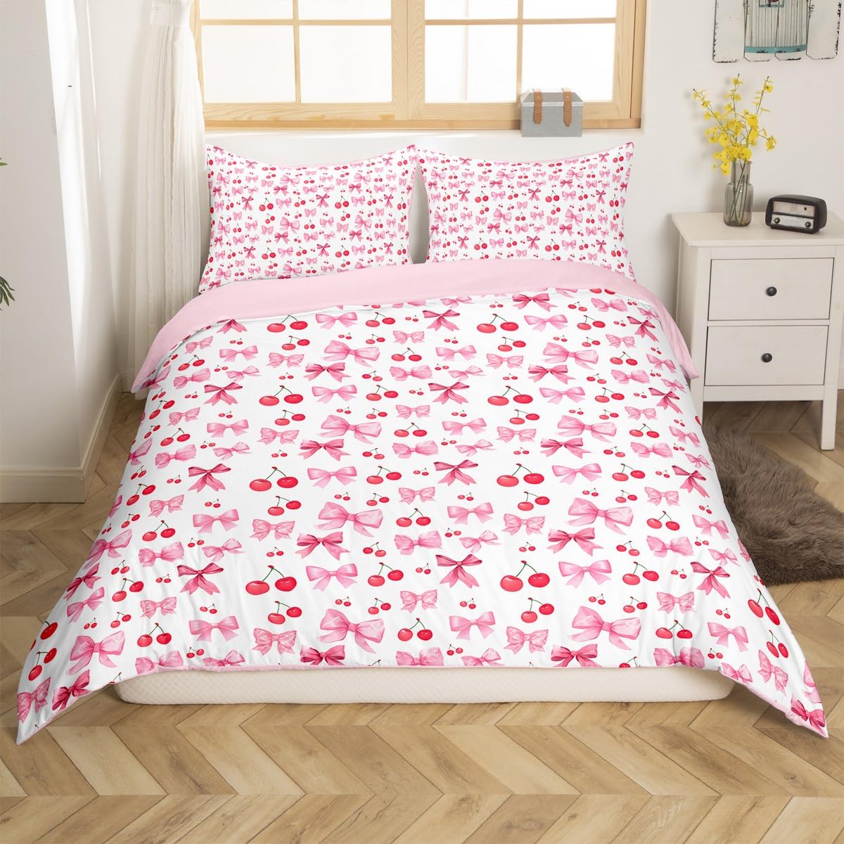 Manfei Pink Bows Duvet Cover Set Single Size, Red Cherry Bow Bedding Set 2pcs, Fashion Bowknot Comforter Cover - Image 3
