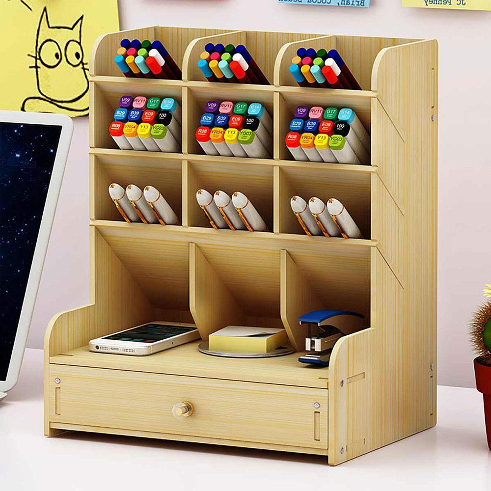 Soporte para bolígrafos de almacenamiento de madera, organizador de escritorio multifuncional para papelería, caja de almacenamiento de lápices, gran capacidad (amarillo claro)