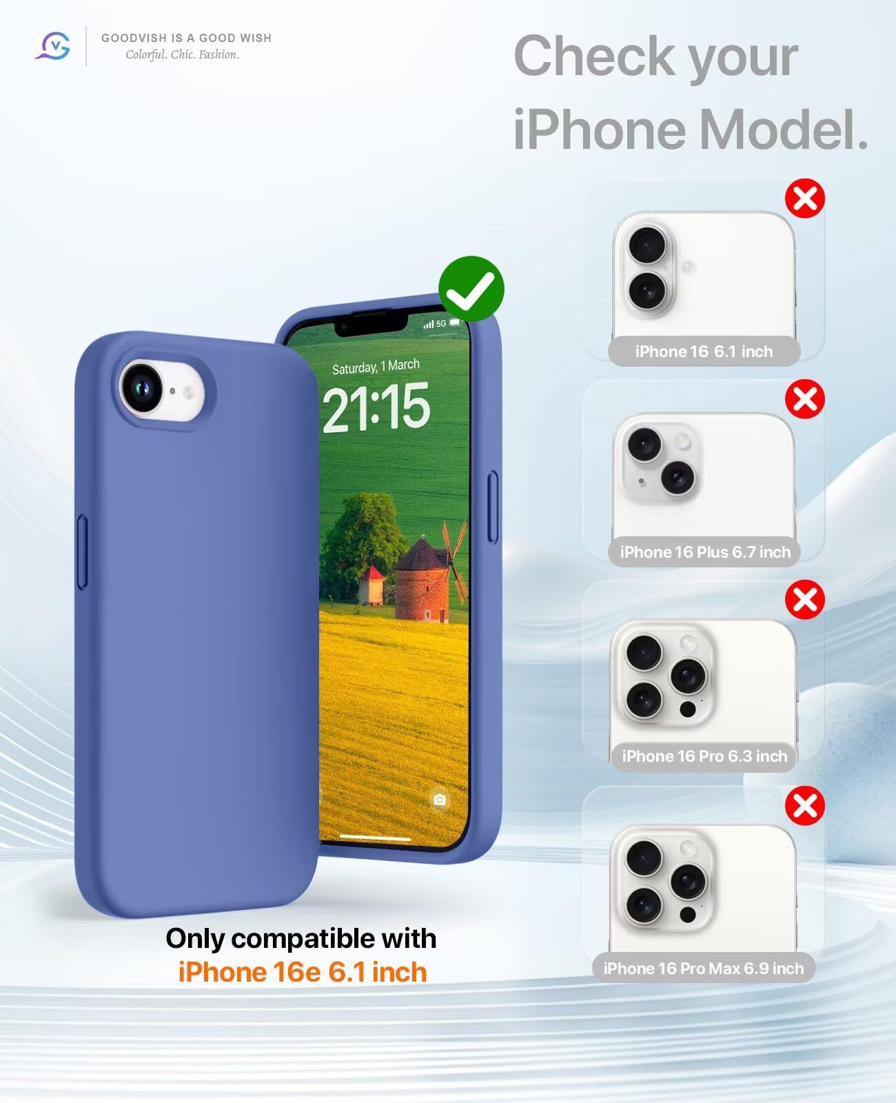 GOODVISH 3 in 1 Silicone Cover per iPhone 16e 6.1", Custodia con 2 Pellicola Vetro Temperato [Protezione Fotocamera] Protezione Anticaduta Case per Cellulare Antiurto Resistente, Blu