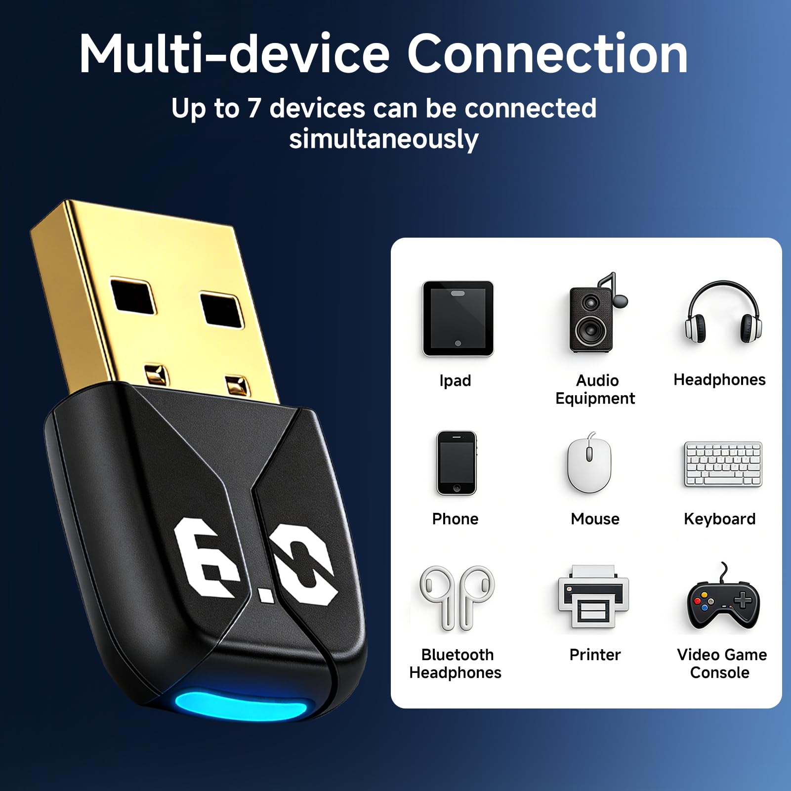 Adaptador Bluetooth 6.0 USB para PC, Dongle Bluetooth USB para Windows 11/10/8.1, Gran Alcance y Baja latencia, Bluetooth USB Conecta hasta 5 Dispositivos ratón, Teclado, Auriculares