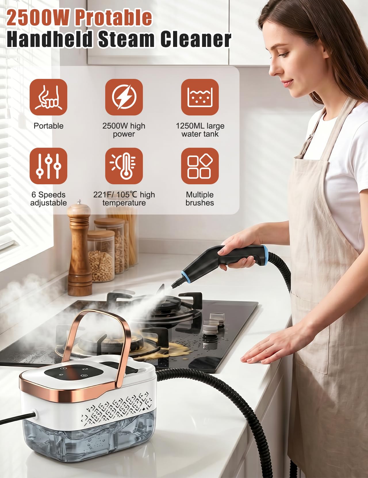 Odkurzacz Parowy, Wielofunkcyjny Ręczny Odkurzacz Parowy o Mocy 2500 W z 6 Regulowanymi Prędkościami i 8 Rodzajami Dysz, Przenośny 1250 ml, Wysokociśnieniowy