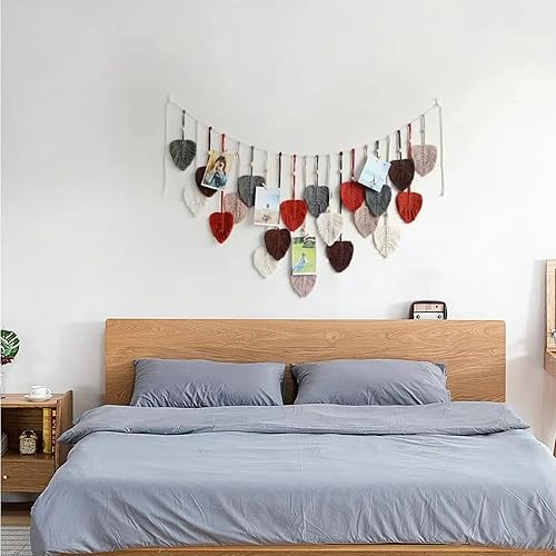 Miniatura 6 de Colgante de pared de macramé grande, hecho a mano, hojas y plumas, adornos de algodón tejido bohemio, elegante, tapiz para exhibición de fotos,