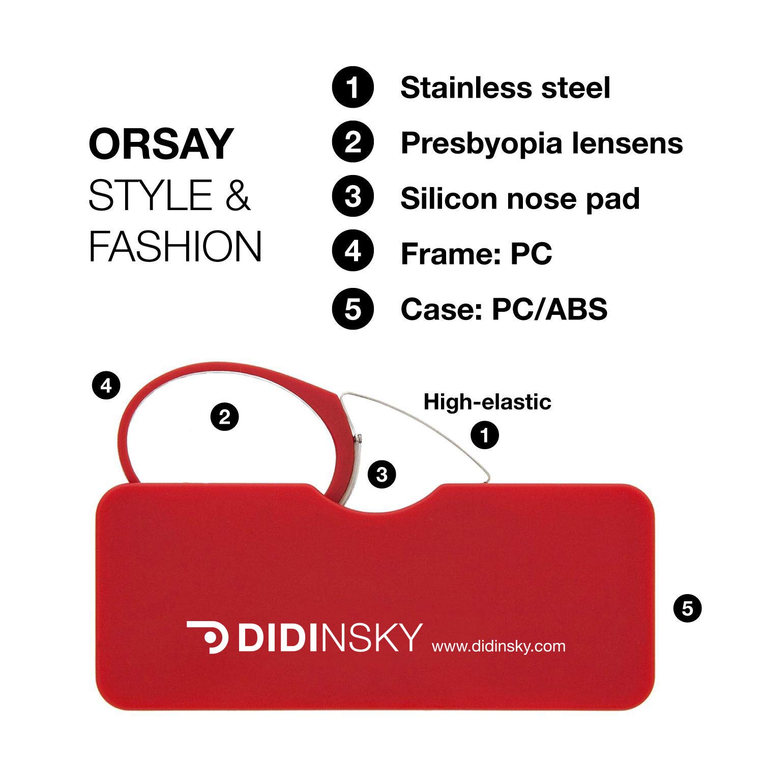 DIDINSKY ORSAY Gafas de Lectura sin Patillas | Marco Ligero y Resistente | Quevedos Compactos 6g | Adhesivo para Móvil | Diseño Retro Vintage | 5 Graduaciones +1.0 a +3.0