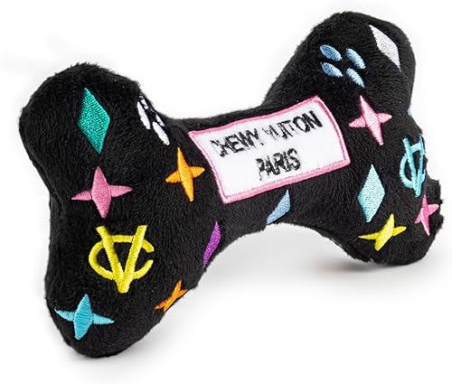 Miniatura 10 de Haute Diggity Dog Baúl interactivo de monograma negro Chewy Vuiton, juguetes de peluche para perros con chirriador interactivo, estimulante para el