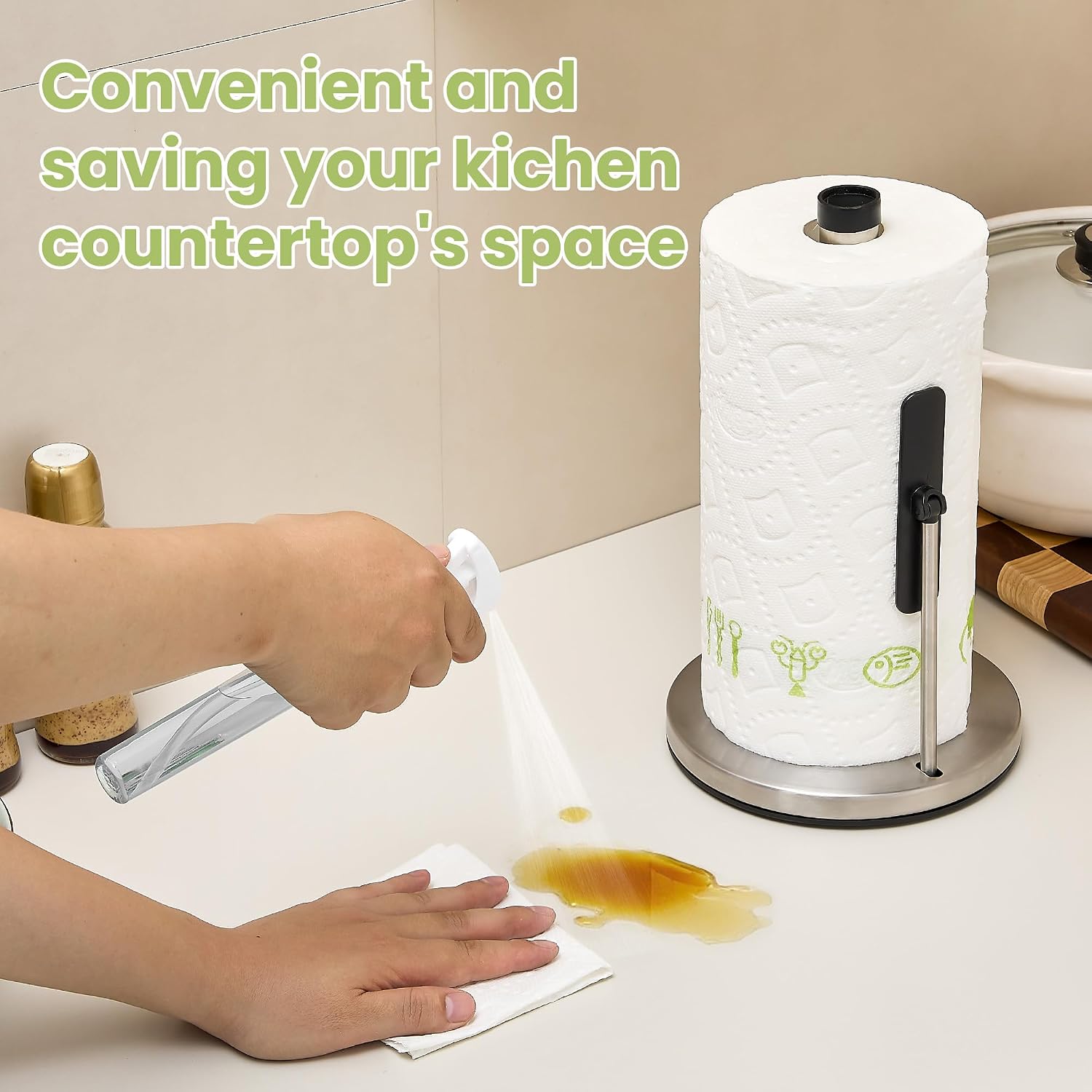 Sagetta 3 in 1 Stainless Steel Brushed Nickel Countertop Paper Towel Holder with Refill Spray Bottle and Tension Arm,Multifunctional Cleaning Caddy with Built-in Liquid Dispenser for Kitchen Counter image 3