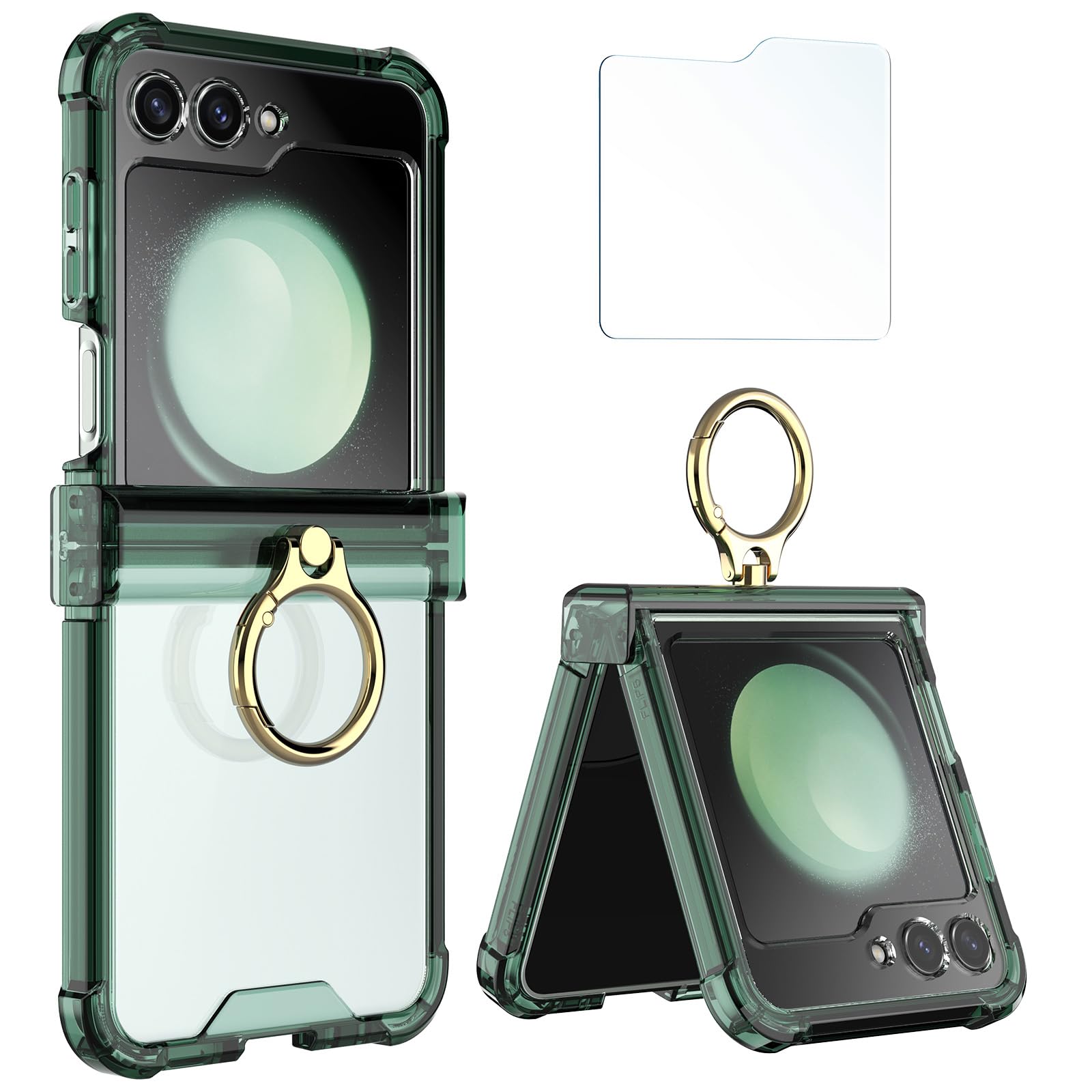 Simpeak Case Compatible with Samsung Galaxy Z Flip 5 5G, Soft Silicone Protective Cover Cases with Metal Ring Replacement for Galaxy Z Flip 5 Women Men, Anti-Scratch,Shockproof, Translucent Green