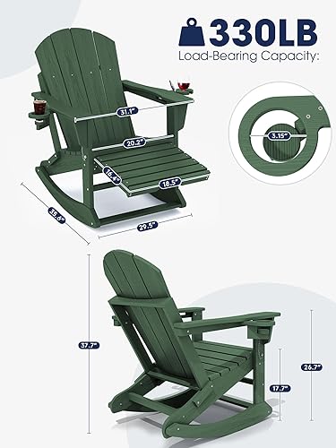 Miniatura 3 de KINGYES Adirondack - Mecedora con otomana retráctil y portavasos, silla mecedora Adirondack de HDPE para patio, porche, patio, balcón, verde