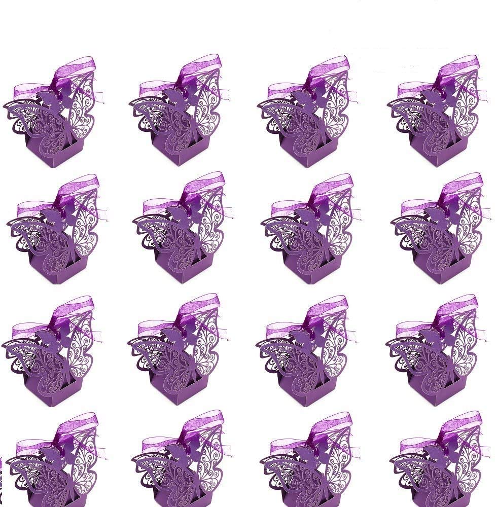 EBTOYS 50pcs Laser Cut Wedding Favors Candy Boxes Butterfly DIY Gifts Box with Ribbons for Wedding Bridal Birthday Shower Party Decors (Purple)