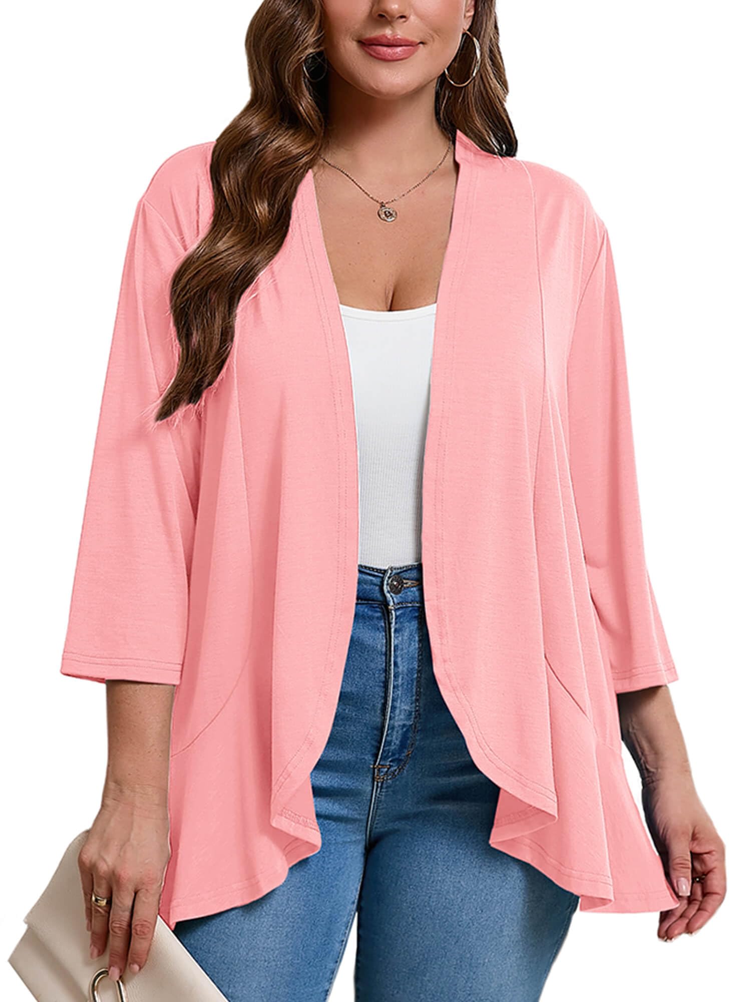 AusLook Plus Size Cardigan for Women Casual Lightweight 3/4 Sleeve Open Front Cardigan Soft Draped Ruffles Slim Outwear Tops