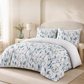 SeventhStitch Duvet Cover Set with Pillowcases 3 Piece, Floral Printed 200 Thread Count Microfiber White & Blue Duvet Cover Bedding Set Double King Super King Bed Size Double