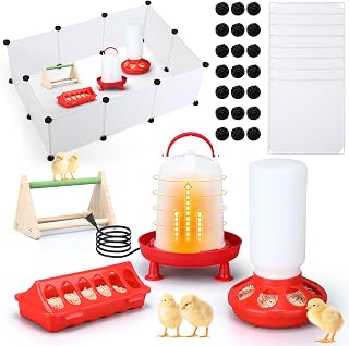5 Pack Chick Brooder Box Starter Kit Include 0.8 Gallon Heated Chicken Waterer, Flip Top Poultry Feeder, Brooder Box, 2.9 Pounds Round Chick Feeder and Perch for Chicks Duck Goose