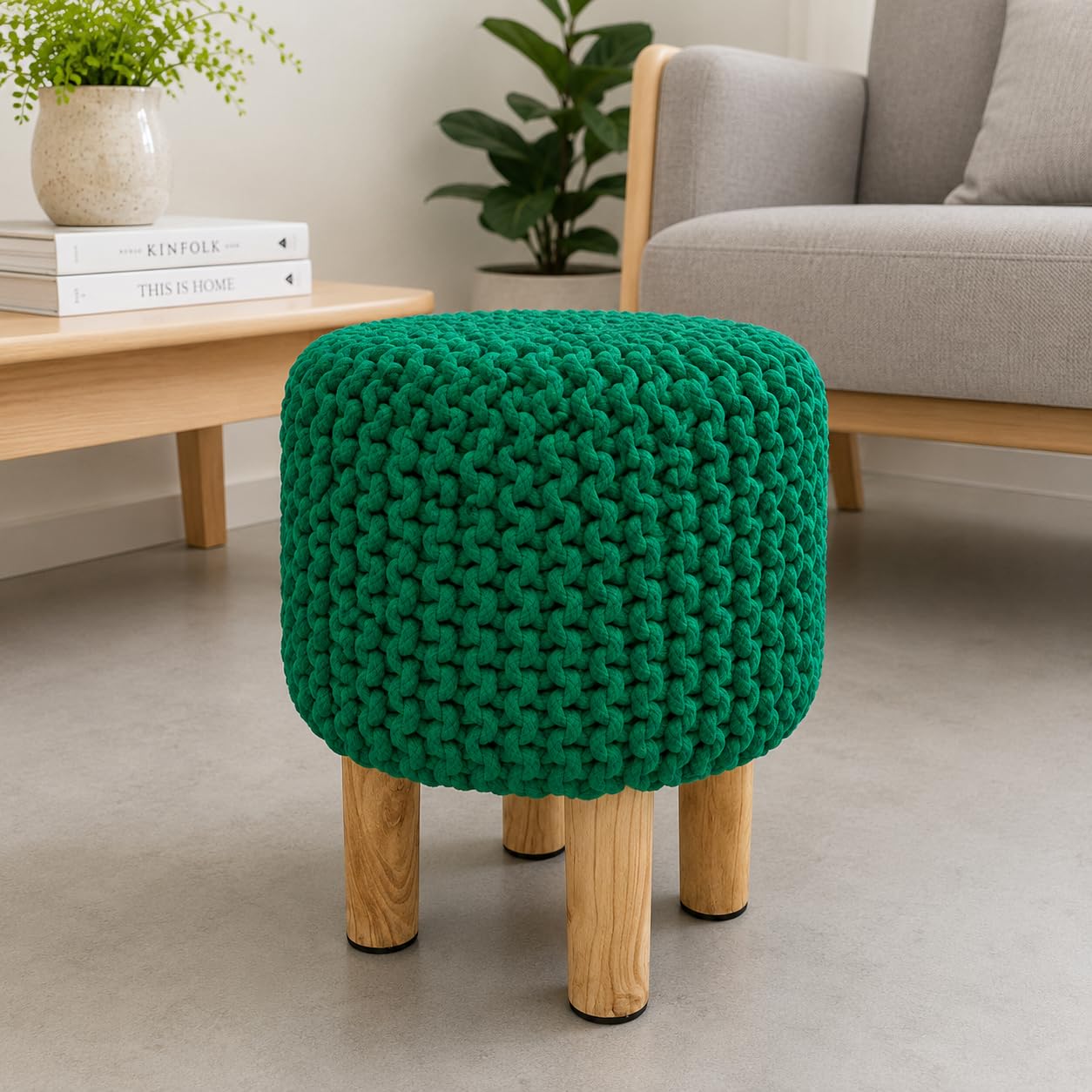 CASVO® Handmade Jute Pouffe Stool with Wooden Base | Cotton Knitted Ottoman Footstool | Round Sitting Pouf for Living Room Library Office & Home Decor 32x32x42 cm (Green) — image 1