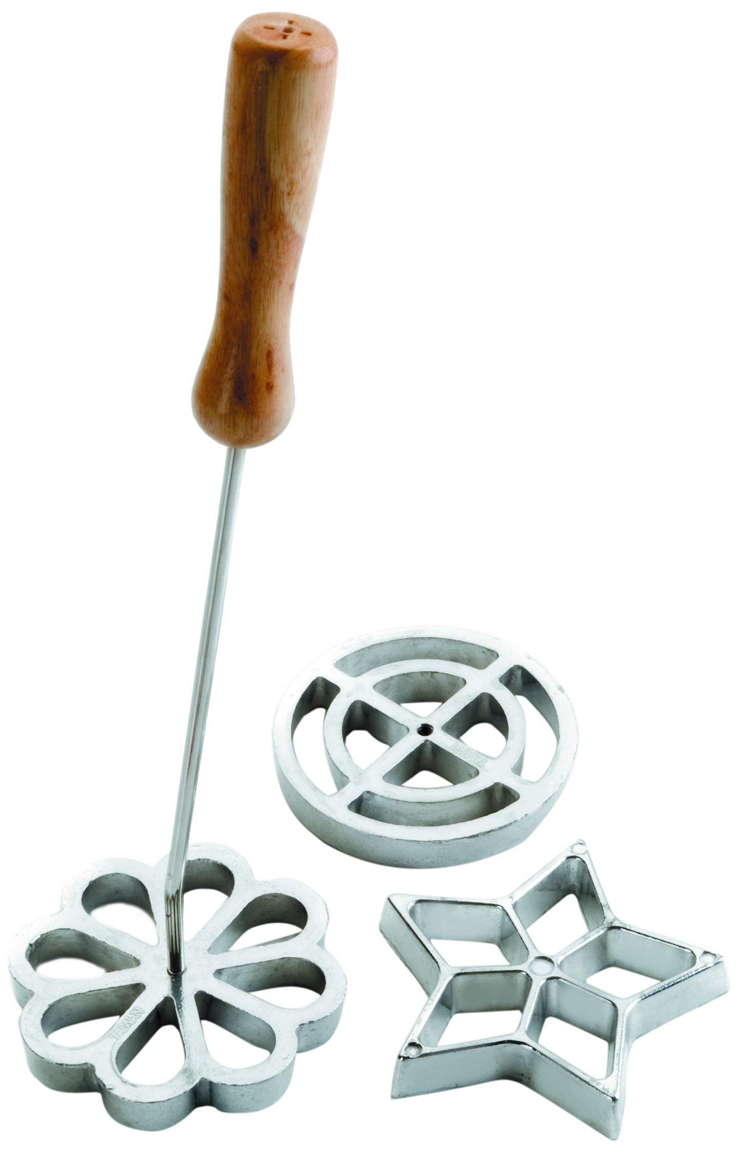 IBILI Accesorios Rosette Iron Set with Handle, Made in Spain, Rosette Waffle Iron Mold Set Stainless Steel with Wooden Handle Interchangeable 3 Designs - Flower, Circle, Star